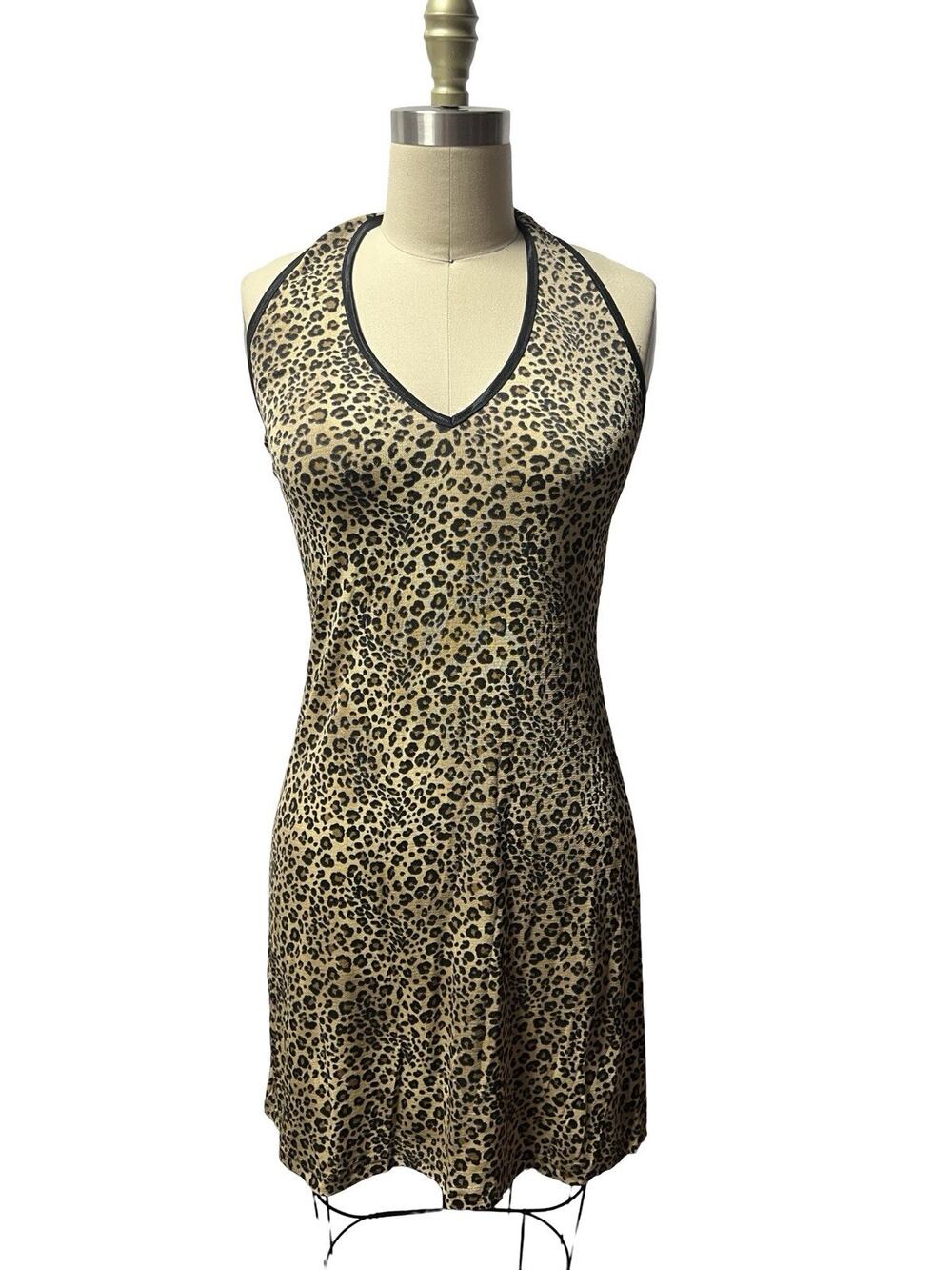 Vintage Y2K 90s Sexy Bombshell Cheetah Print Slinky Stretch Halter Dress Sz M